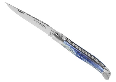 Couteau Laguiole prestige avec un manche en os de girafe teinte bleu et mitres inox image 1