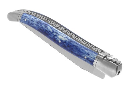Couteau Laguiole prestige avec un manche en os de girafe teinte bleu et mitres inox image 6