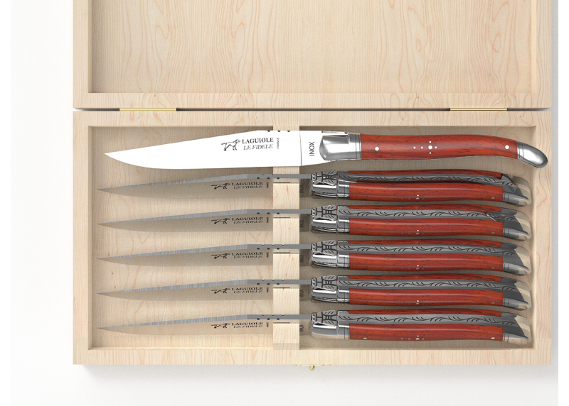 Laguiole steak knives set with African padauk wood handle and stainless steel bolsters image 3