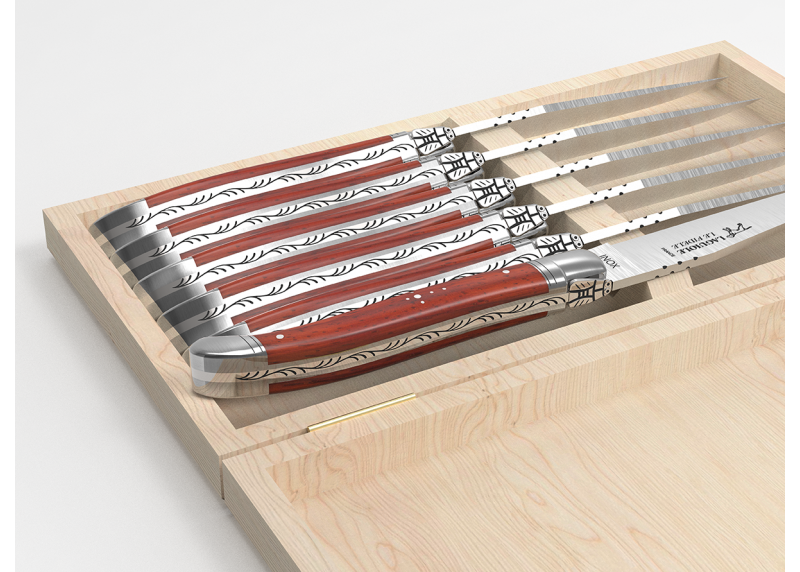 Laguiole steak knives set with African padauk wood handle and stainless steel bolsters image 5