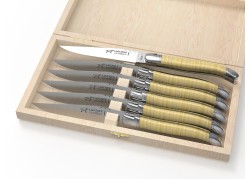 Laguiole steak knives set with curly maple wood handle and stainless steel bolsters image 1