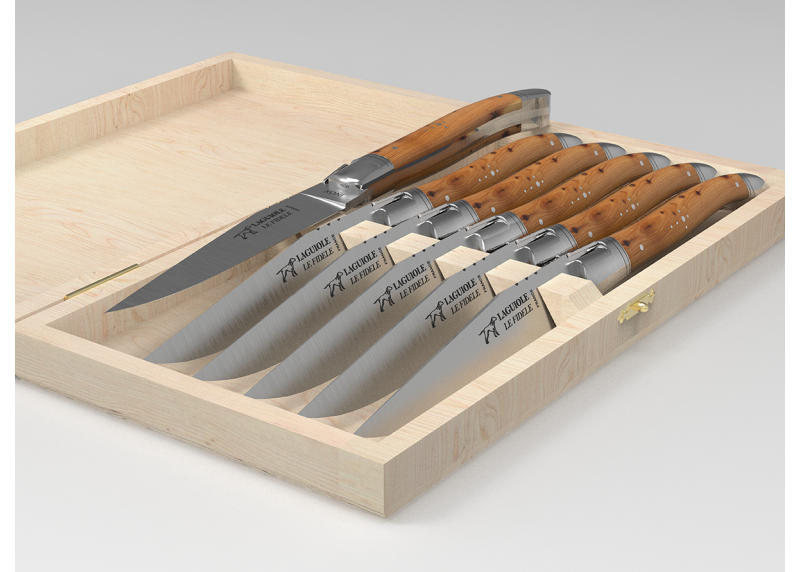 Laguiole steak knives set with juniper wood handle and stainless steel bolsters image 2
