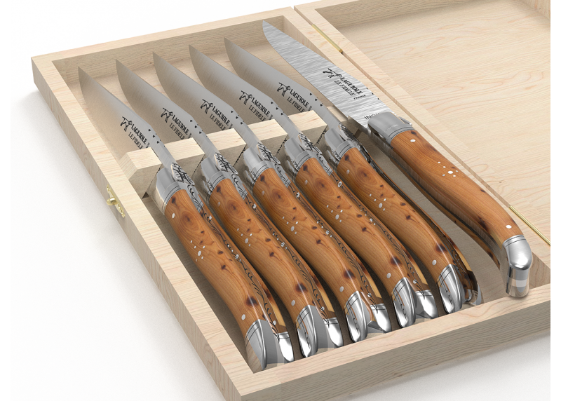 Laguiole steak knives set with juniper wood handle and stainless steel bolsters image 4