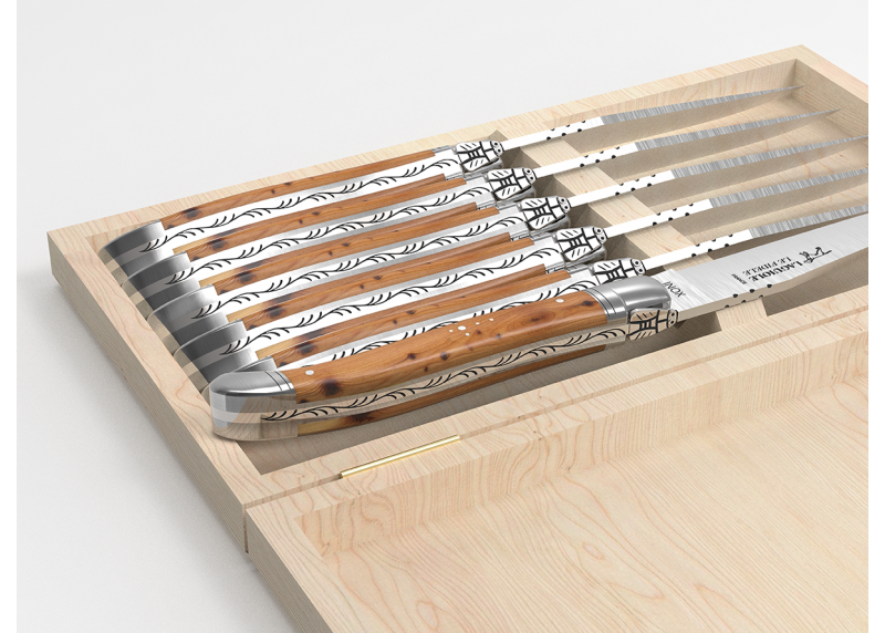 Laguiole steak knives set with juniper wood handle and stainless steel bolsters image 5