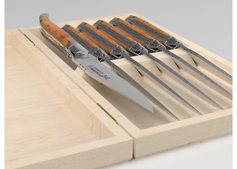 Laguiole steak knives set with juniper wood handle and stainless steel bolsters image 6