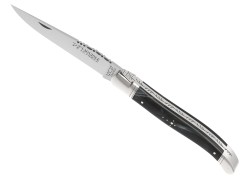 Laguiole knife with brown horn handle and 2 shiny steel bolsters image 1