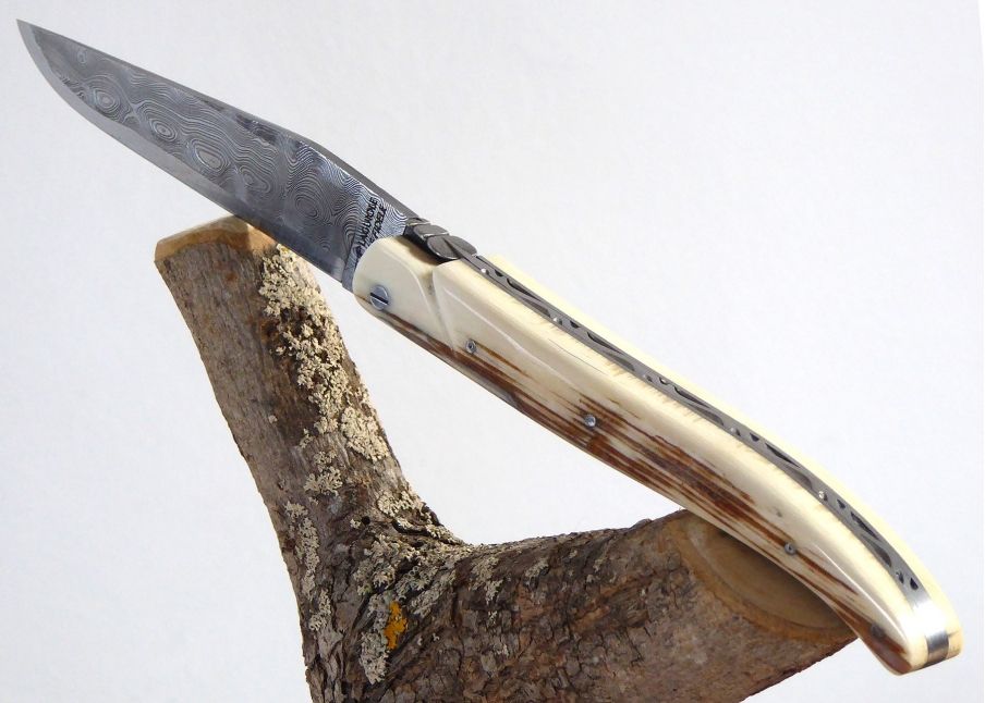 Damascus blade - Mammoth ivory - Laguiole «Savage» Collection - Couteau pliant de prestige - collection sauvage   Manche en Ivoi
