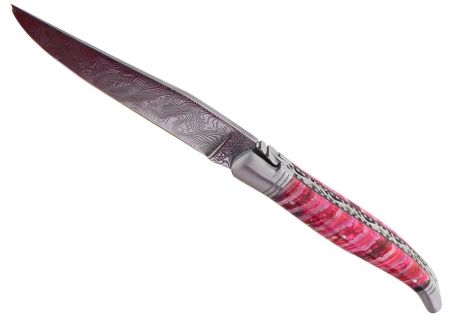 Molaire de Mammouth teinté rose - Couteaux pliants - Couteau pliant unique - collection sauvage   Manche en Molaire de Mammouth 