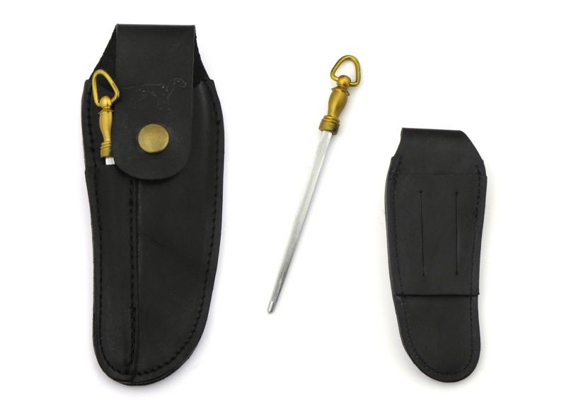 Noir pour couteau laguiole avec fusil - Accessoires et gravure - Étui en cuir noir avec fusil à affûter pour Couteau Laguiole - 