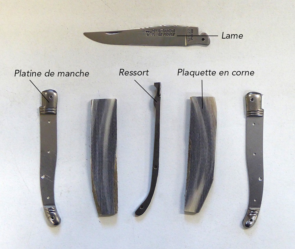 Main components of a Laguiole knife: blade, spring, metal plates and handle scales before assembly