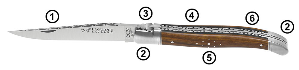 Laguiole Prestige knife: forged spring, star rivets, hand-guilloched liners, 2 stainless bolsters, 12C27 blade