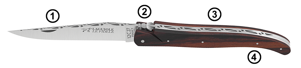 Full-handle Laguiole knife: forged bee and forged spring, no bolsters, hand guillochage, 12C27 blade