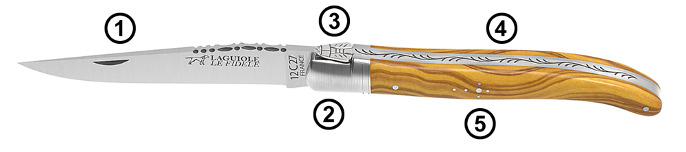 Traditional Laguiole knife with 1 stainless steel bolster: 12C27 blade, welded bee, shepherd’s cross rivets, guilloché spring