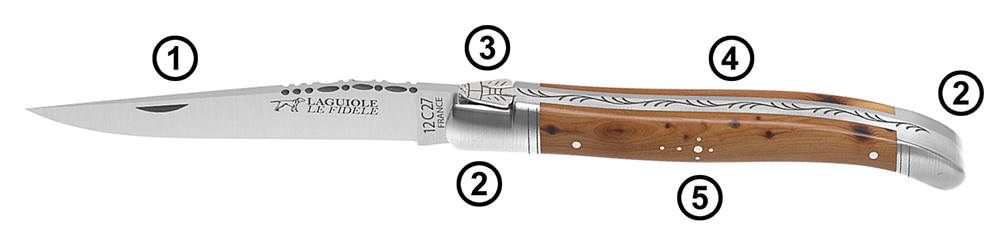 Traditional Laguiole knife with 2 stainless steel bolsters: 12C27 blade, welded bee, guilloché spring, shepherd’s cross rivets