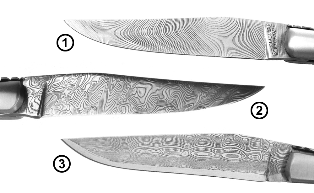 Laguiole knives with Damascus blades: DS93X stainless Damascus (Twist and Vinland patterns) and handcrafted carbon Damascus