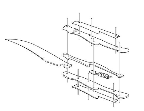 Laguiole knife assembly plan showing parts and rivets forming the shepherd’s cross on the handle